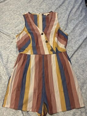 Striped Sleeveless Romper in Blue, Mustard & Rust